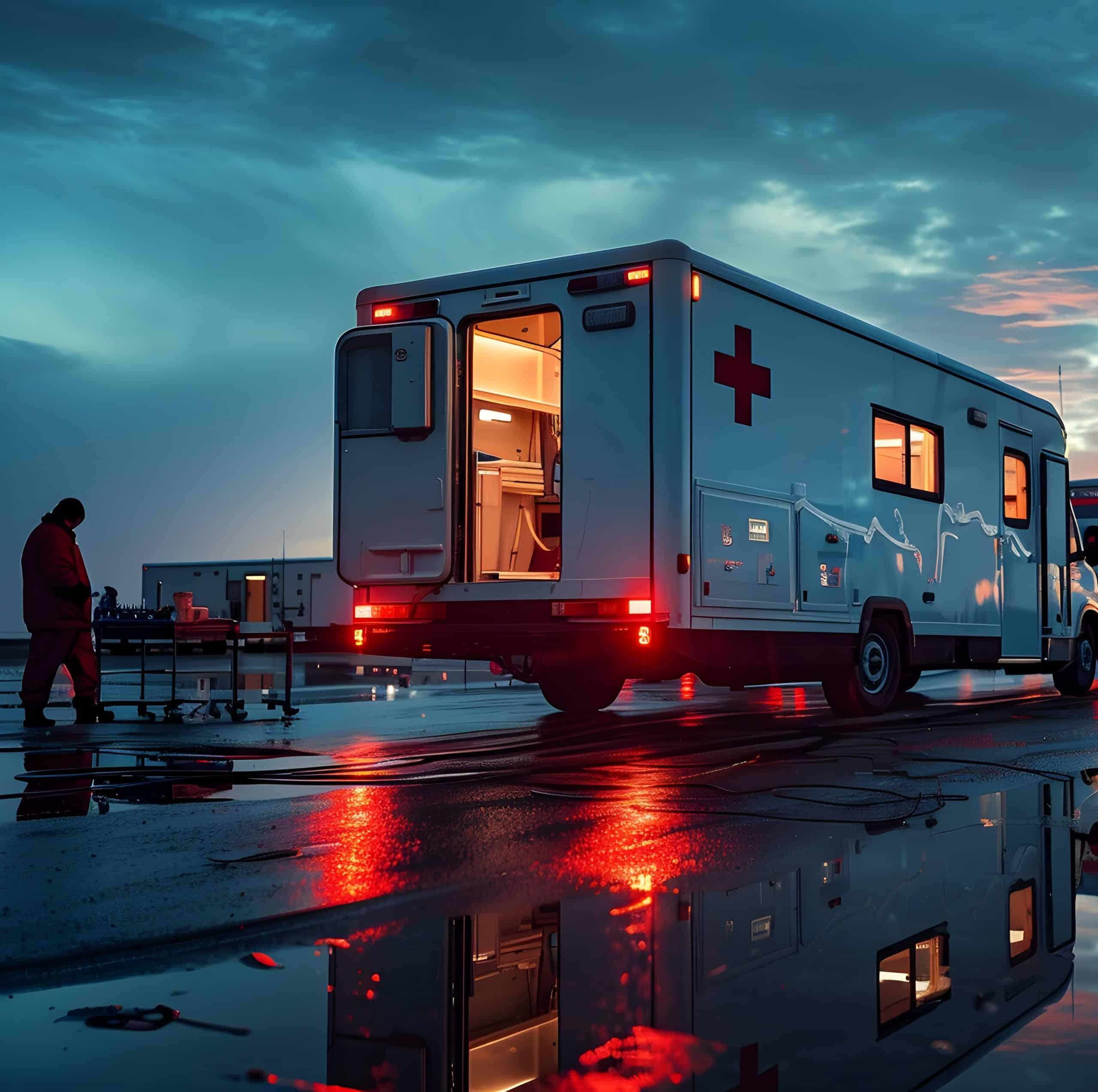 Ambulance emergency medical vehicle with red cross symbol on the side, illuminated in evening light, on hospital roof rooftop healthcare ambulance services for urgent medical assistance.